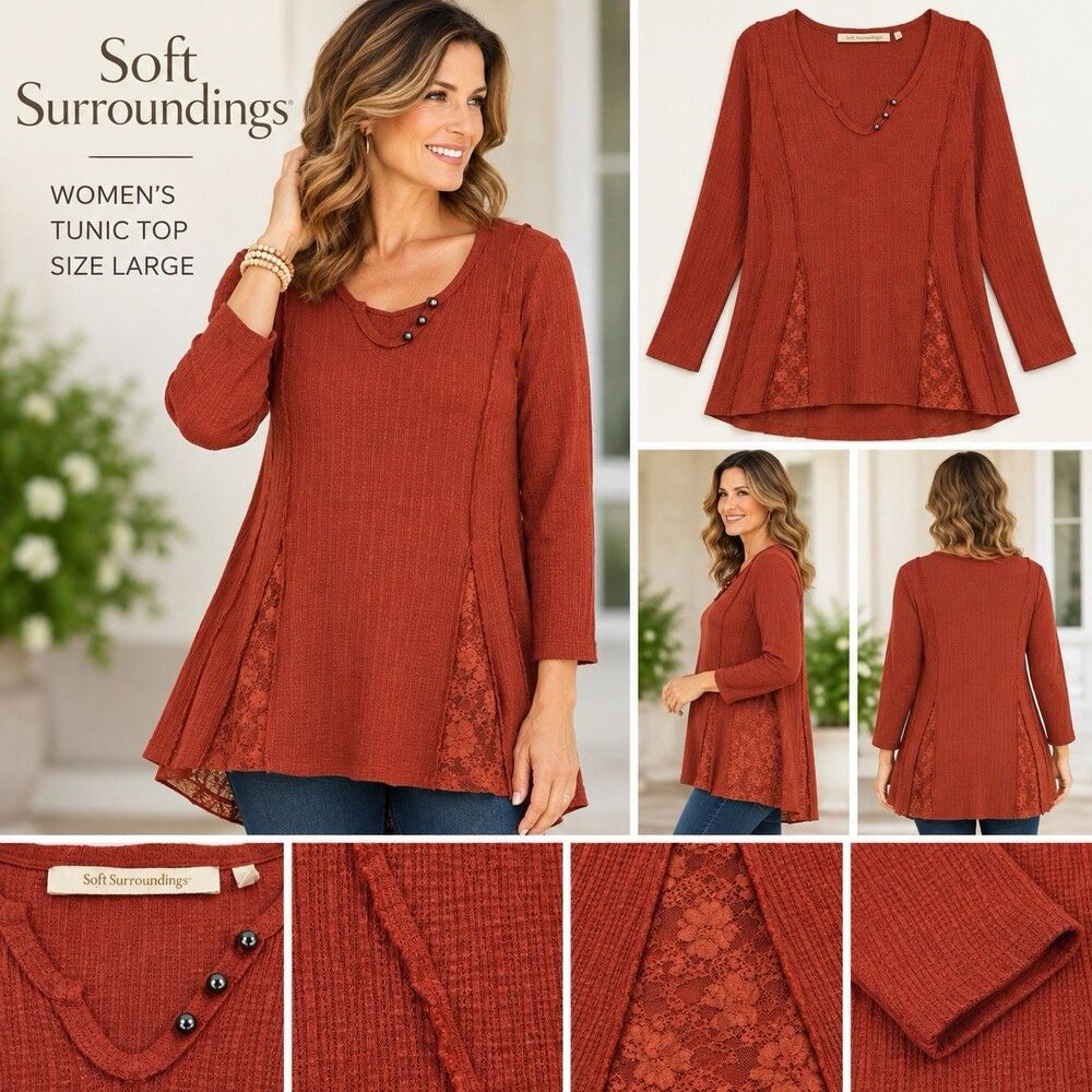 Soft Surroundings Tunic Women's Large Rust Orange Lace Inset Viscose Linen Boho
